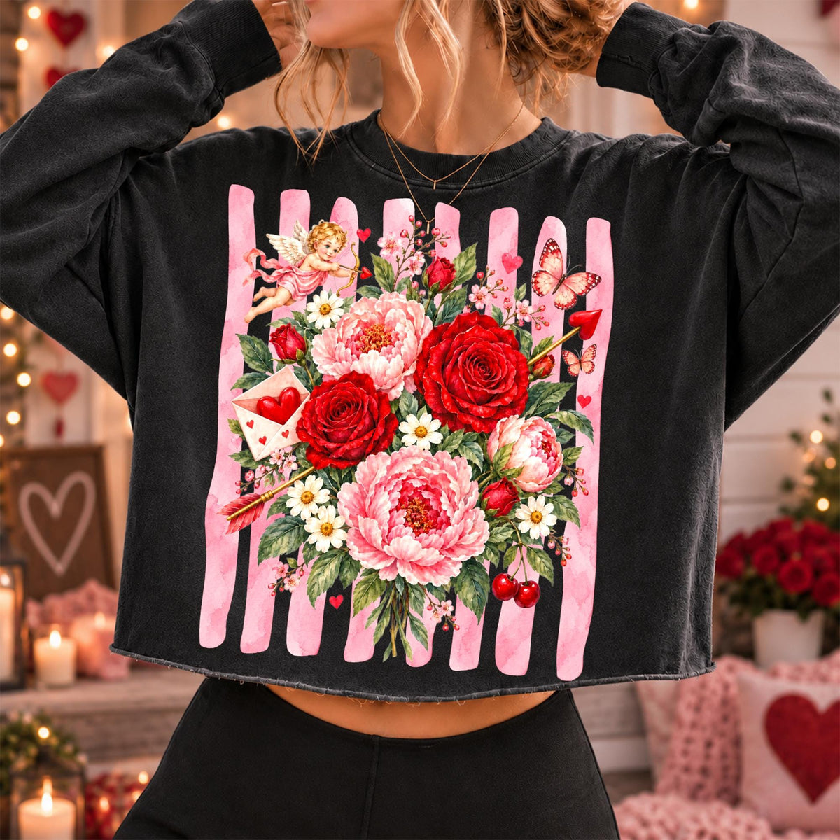 Vintage Valentine floral PNG with roses, peonies, cupid and butterflies - image 4