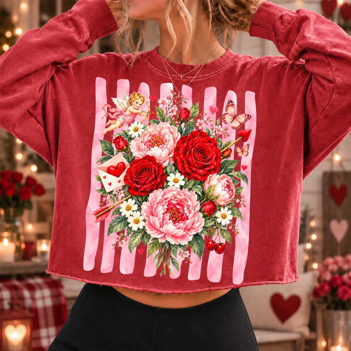 Vintage Valentine floral PNG with roses, peonies, cupid and butterflies - image 5