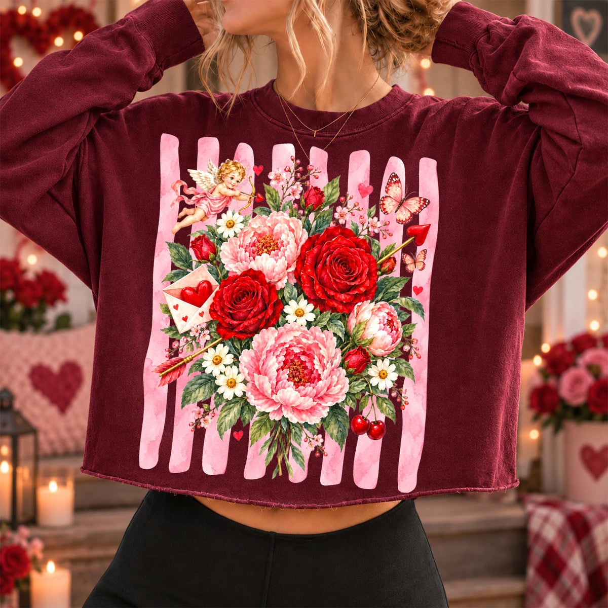 Vintage Valentine floral PNG with roses, peonies, cupid and butterflies - image 7