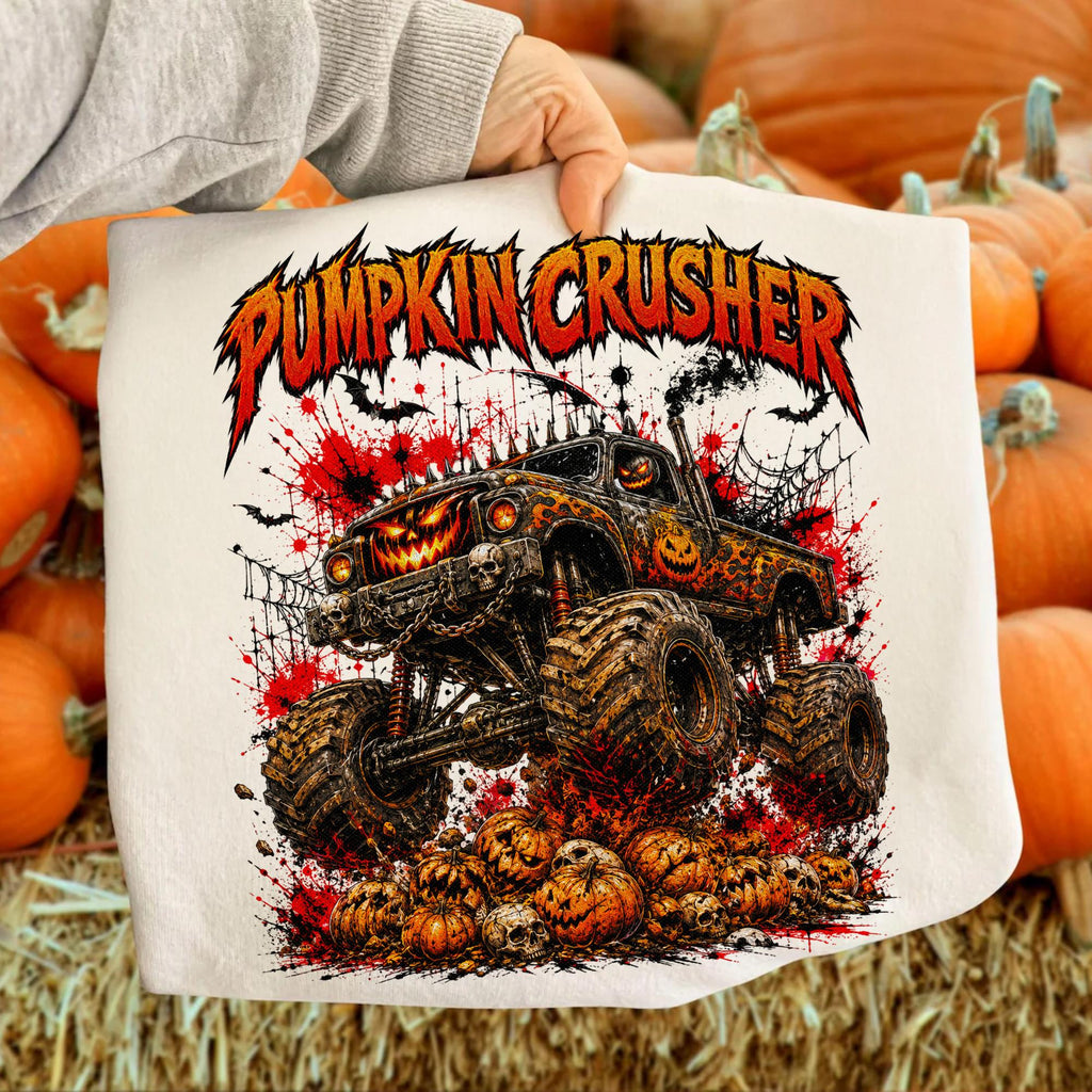 Pumpkin Crusher monster truck Halloween PNG retro design for boys shirts
