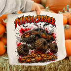 Pumpkin Crusher monster truck Halloween PNG retro design for boys shirts