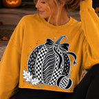 Coquette pumpkin PNG with oversized bow in black and white checkerboard style - image 8