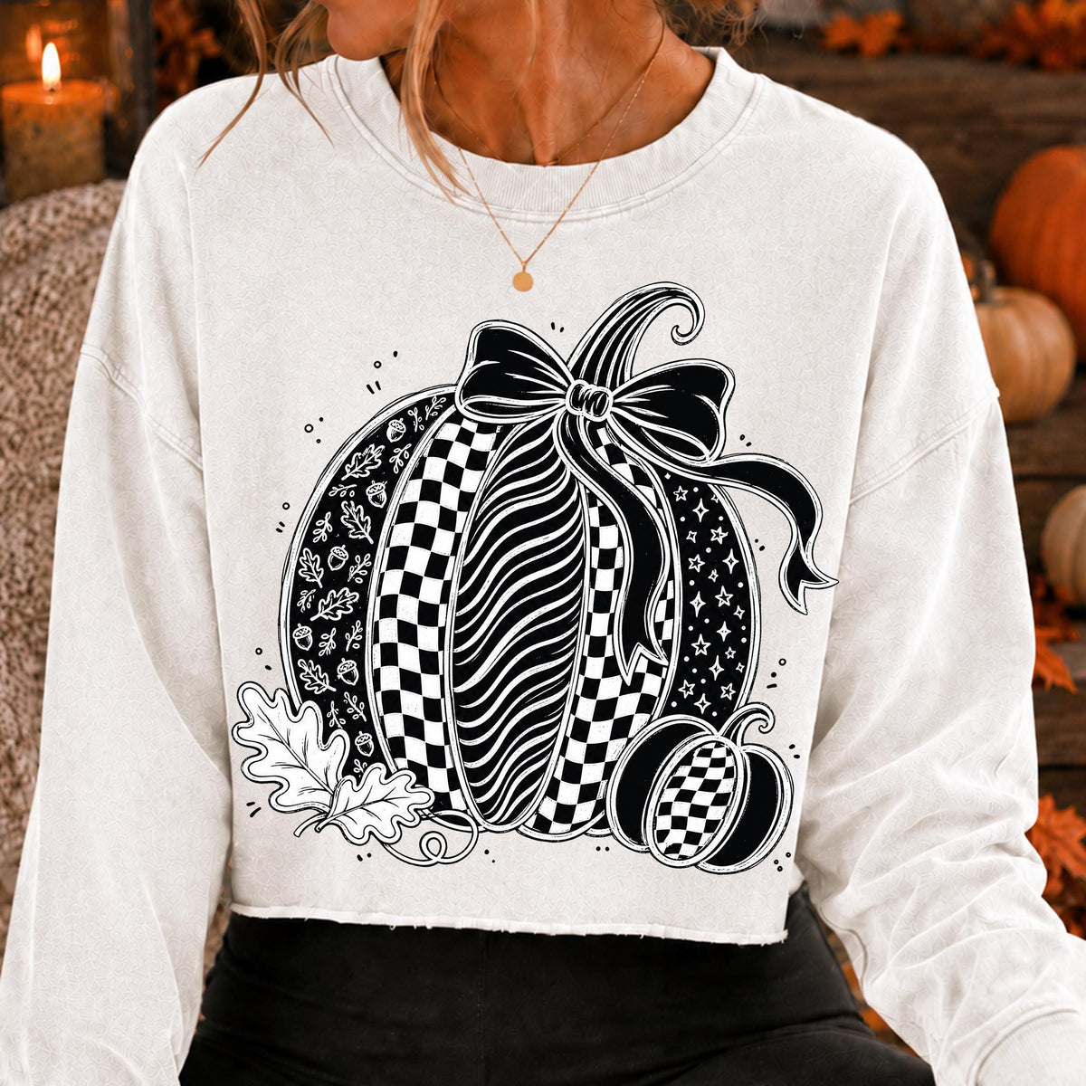 Coquette pumpkin PNG with oversized bow in black and white checkerboard style - image 7
