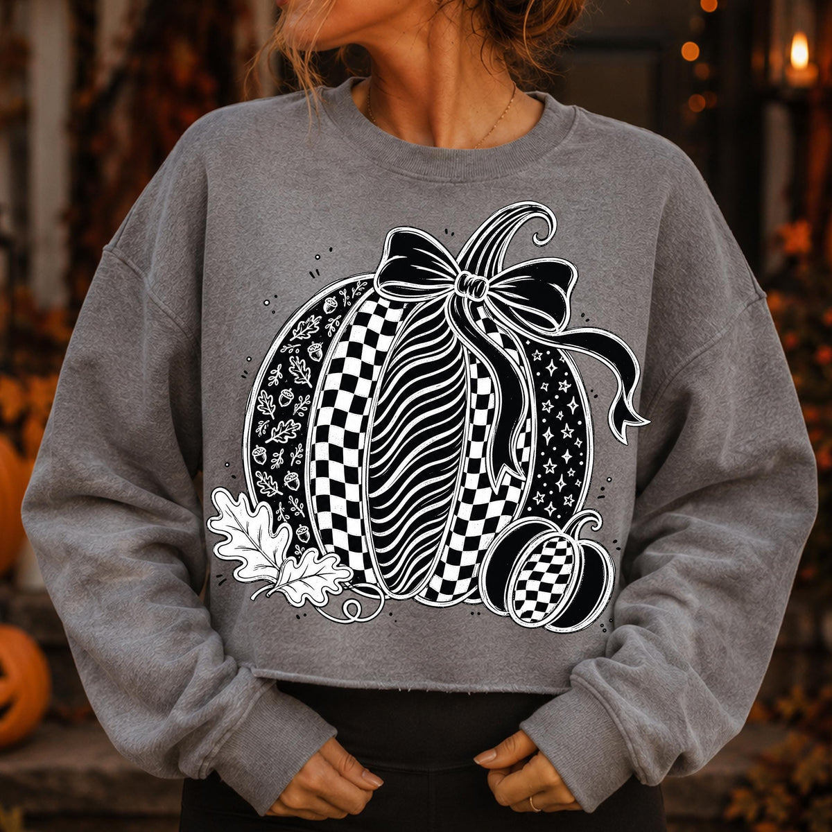 Coquette pumpkin PNG with oversized bow in black and white checkerboard style - image 3