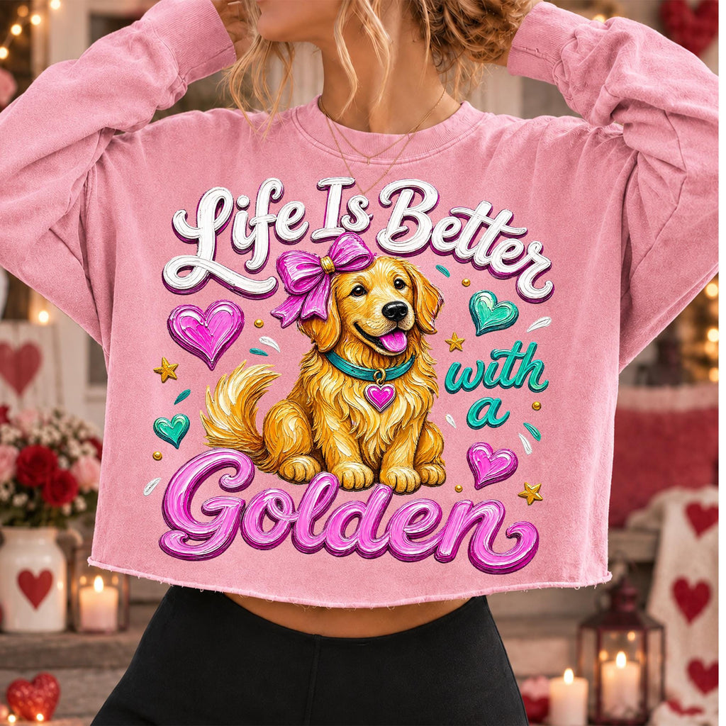 Golden retriever Valentine PNG with pink bow and hearts for sublimation and DTF