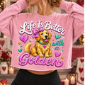 Golden retriever Valentine PNG with pink bow and hearts for sublimation and DTF