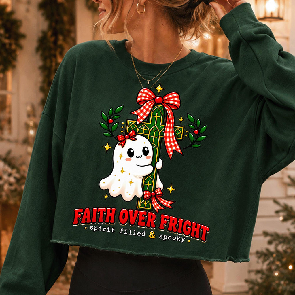 Faith Over Fright Christian Halloween PNG with ghost hugging a cross - image 2
