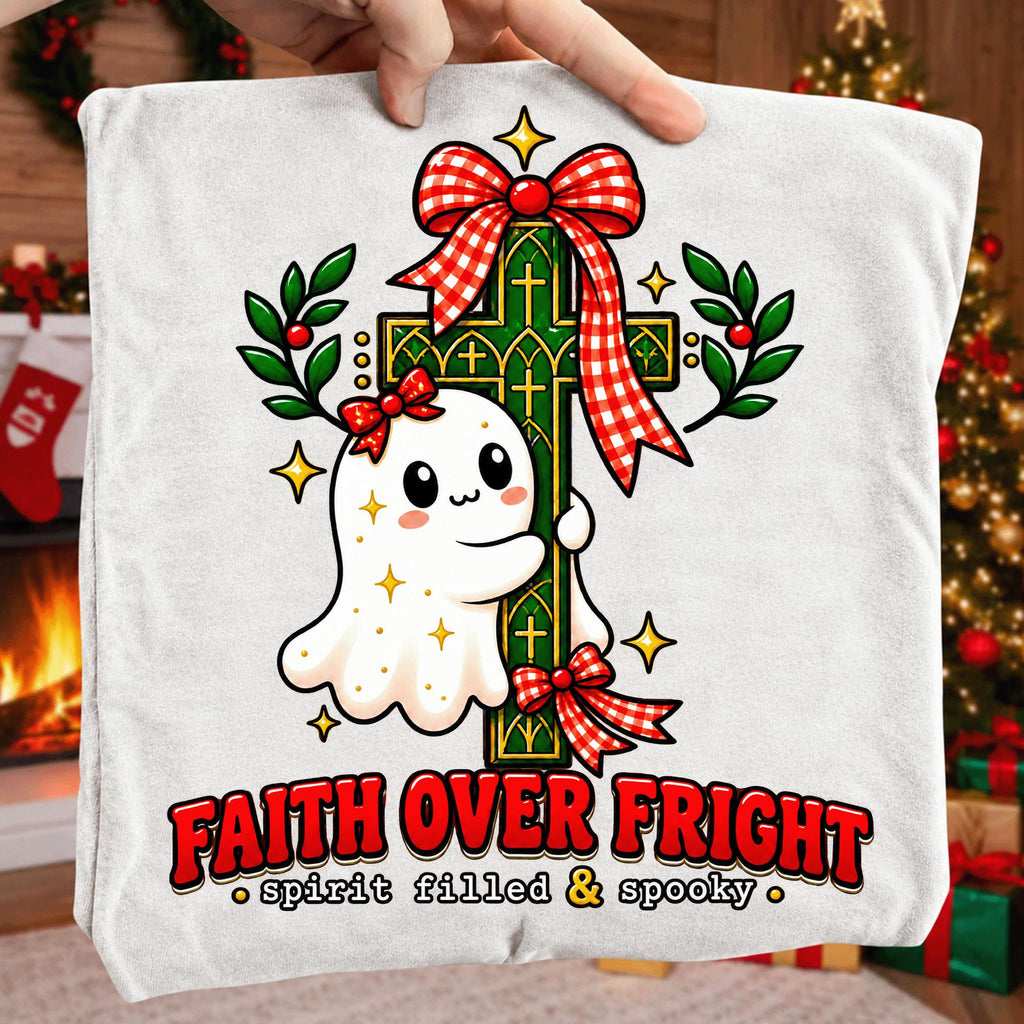 Faith Over Fright Christian Halloween PNG with ghost hugging a cross