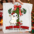 Faith Over Fright Christian Halloween PNG with ghost hugging a cross