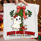 Faith Over Fright Christian Halloween PNG with ghost hugging a cross