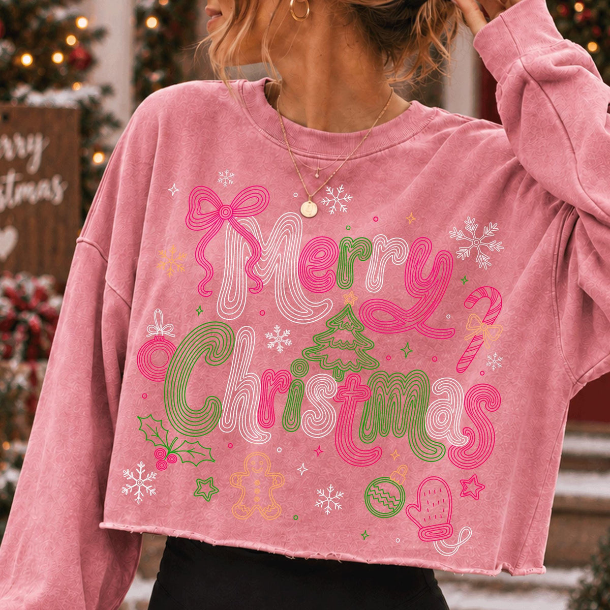 Retro Merry Christmas doodle PNG with groovy lettering and coquette bow - image 6
