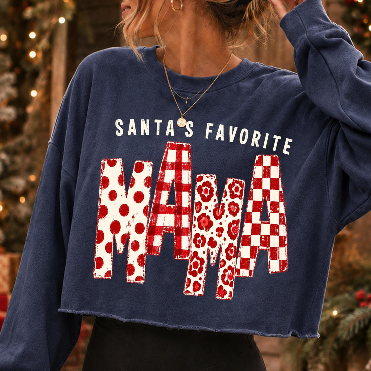 Santa's Favorite Mama Christmas PNG with polka dot gingham floral lettering - image 5
