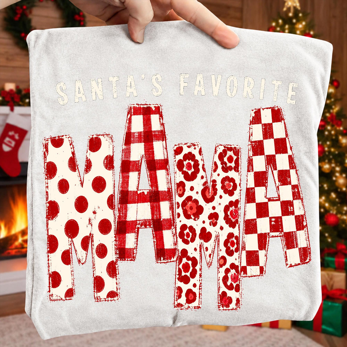 Santa's Favorite Mama Christmas PNG with polka dot gingham floral lettering - image 7
