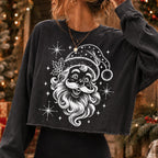 Vintage Santa Claus face PNG in white engraving line art for dark shirts - image 5