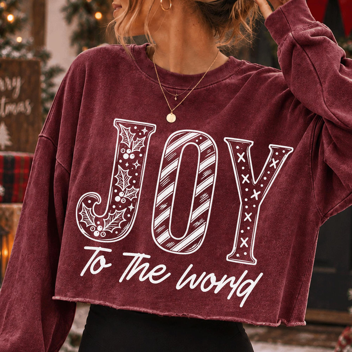 Joy to the World Christian Christmas PNG with holly and stripes in white line art - image 4