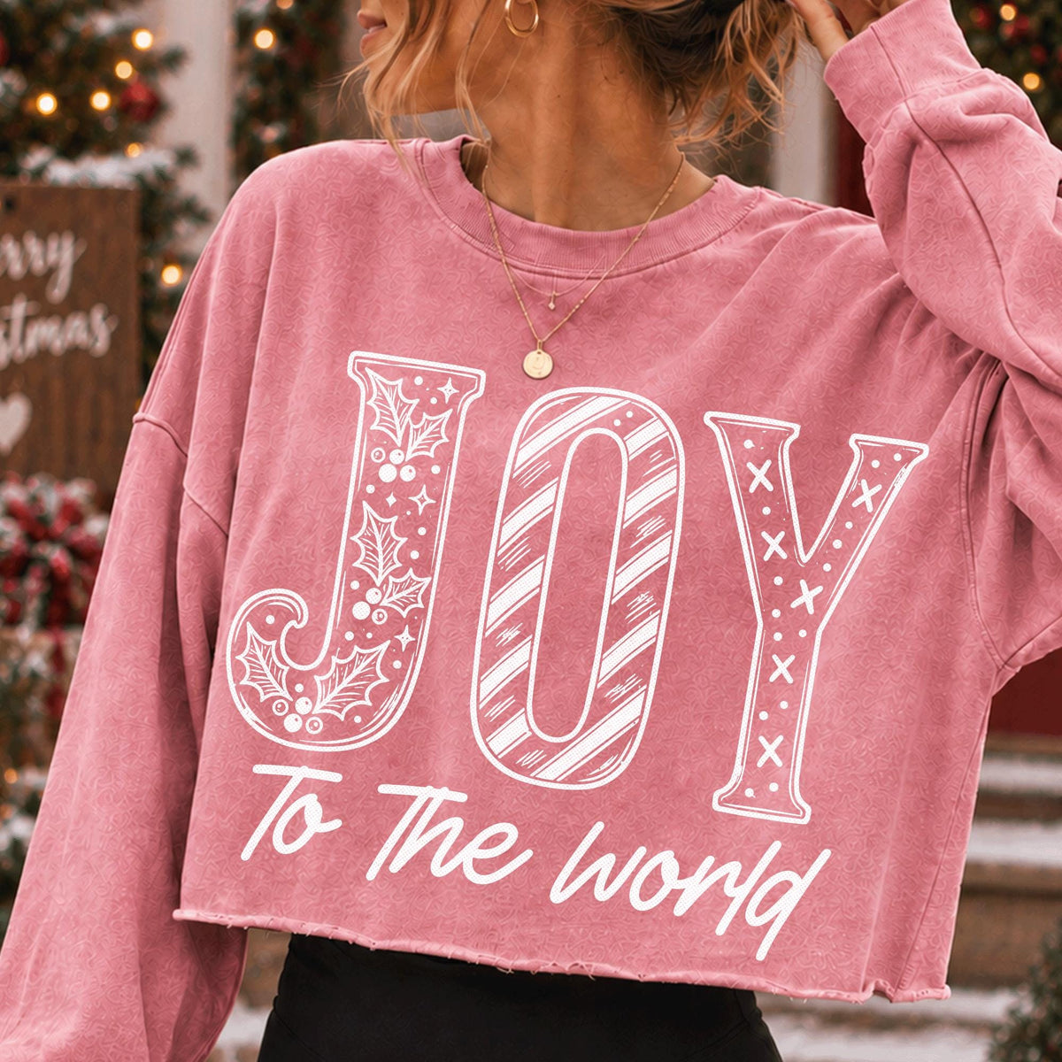 Joy to the World Christian Christmas PNG with holly and stripes in white line art - image 5