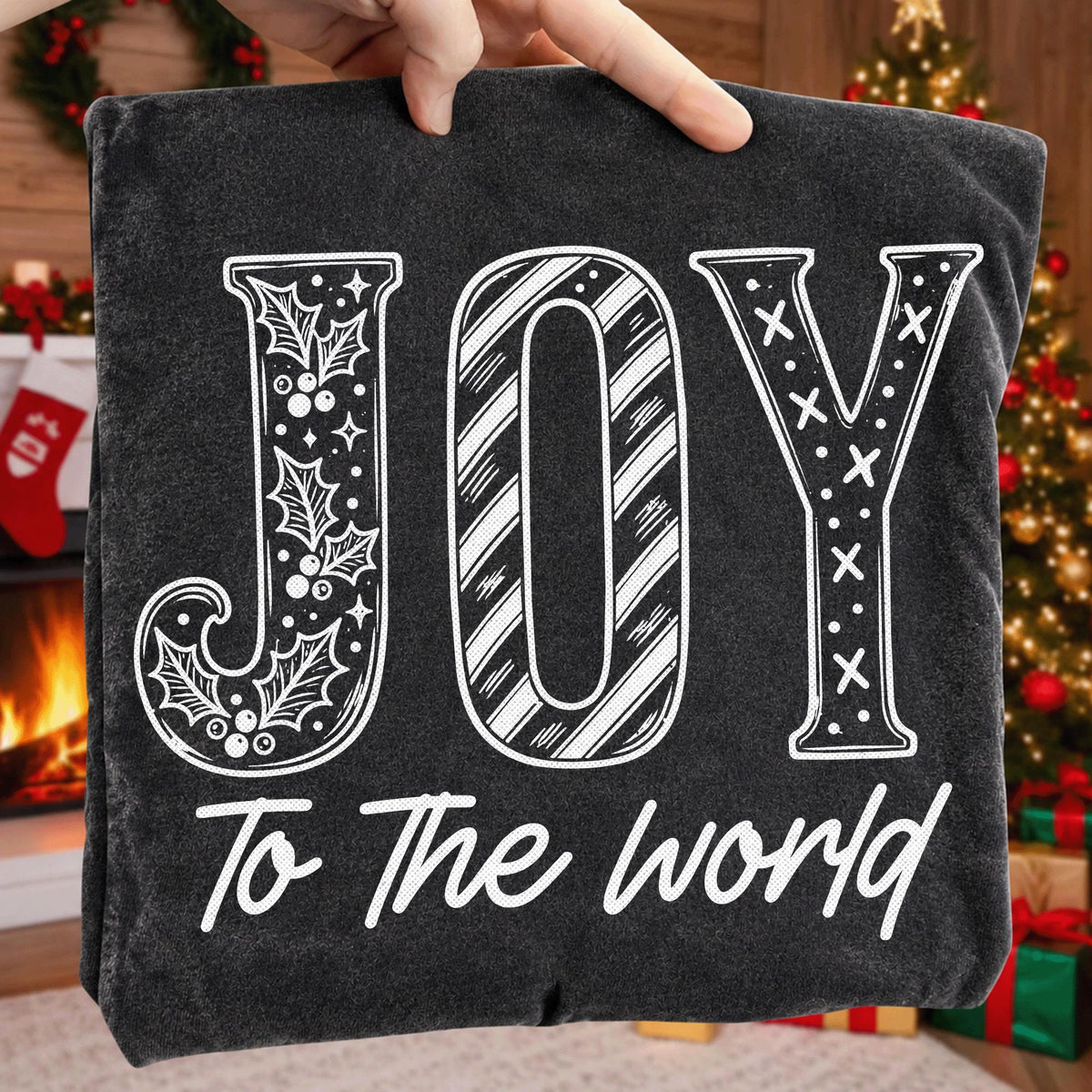 Joy to the World Christian Christmas PNG with holly and stripes in white line art - image 8