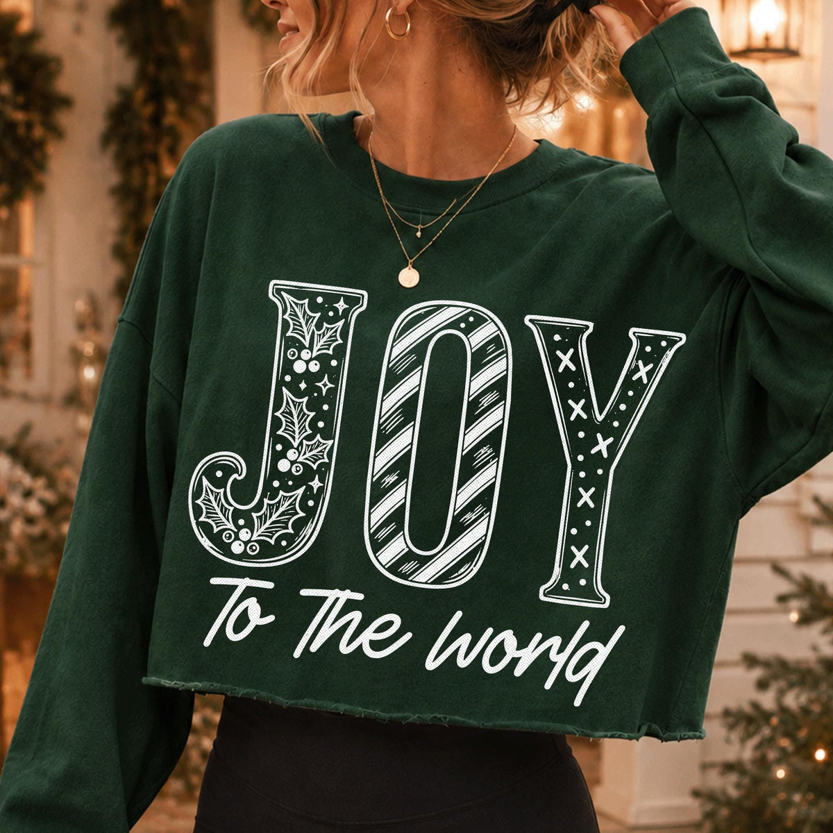 Joy to the World Christian Christmas PNG with holly and stripes in white line art