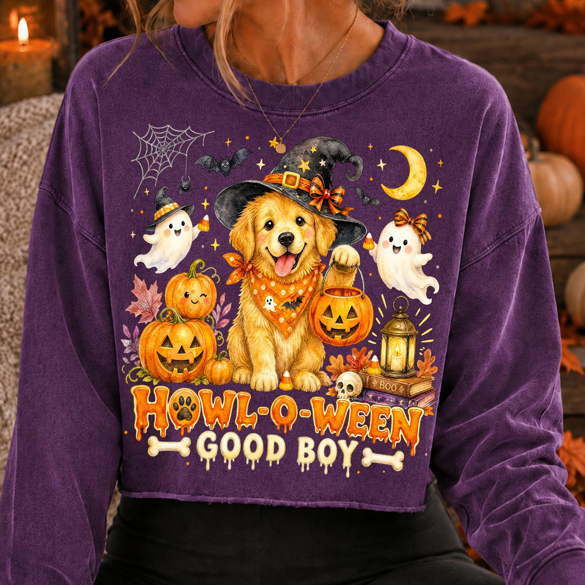 Howl-O-Ween golden retriever in witch hat Halloween PNG for dog lovers - image 4