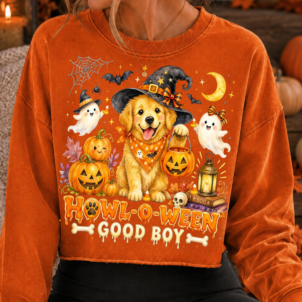 Howl-O-Ween golden retriever in witch hat Halloween PNG for dog lovers - image 3