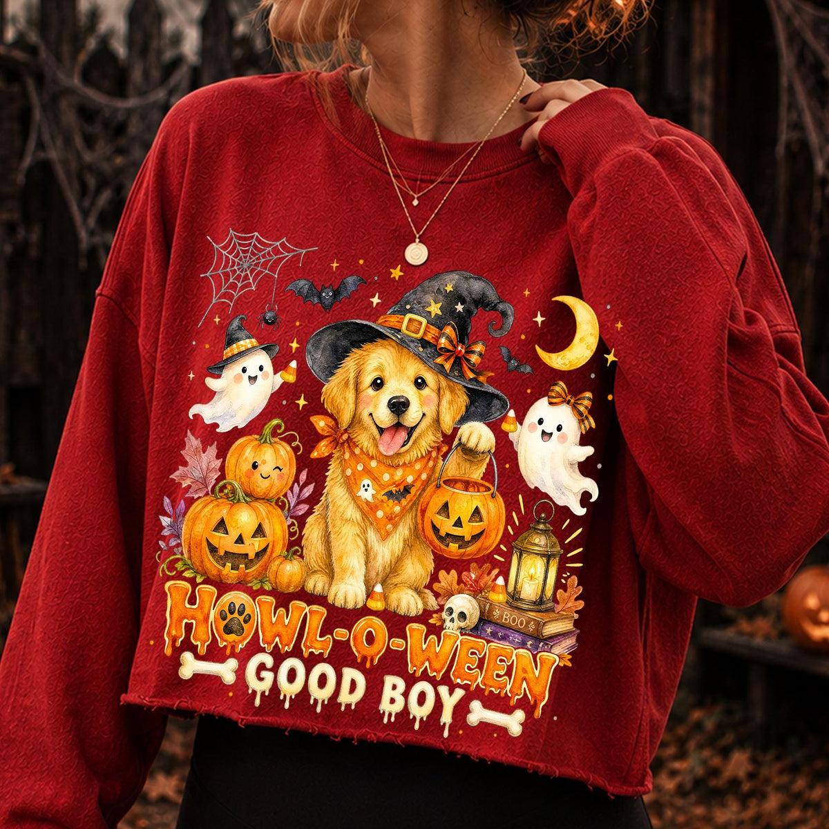 Howl-O-Ween golden retriever in witch hat Halloween PNG for dog lovers - image 10