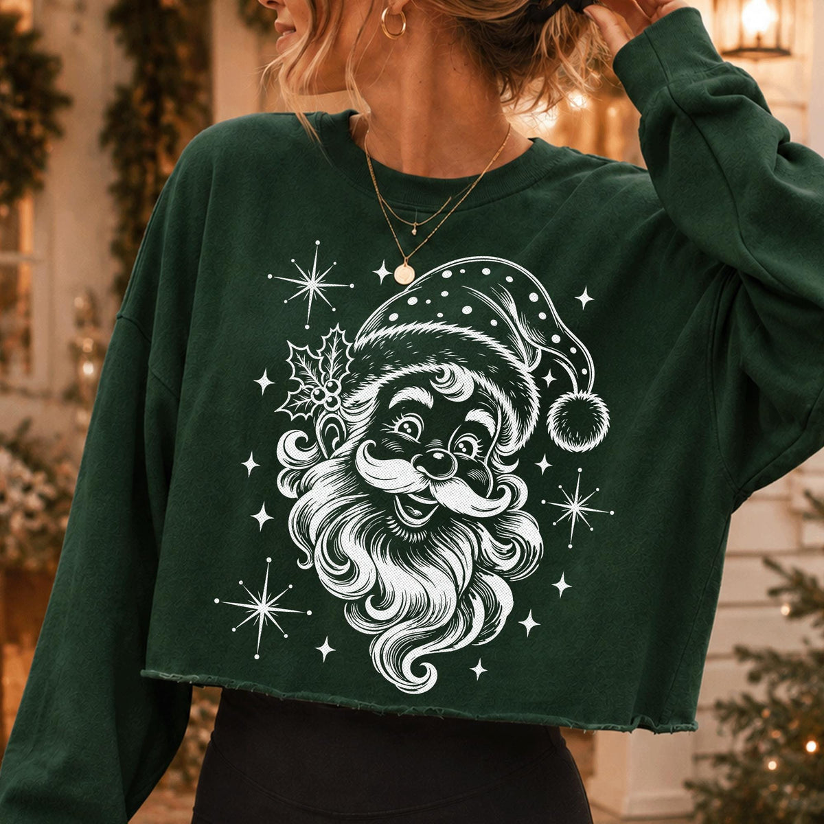 Vintage Santa Claus face PNG in white engraving line art for dark shirts