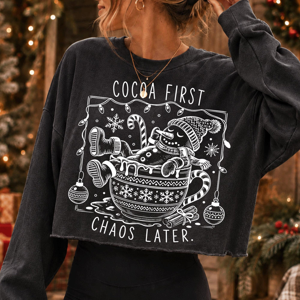 Funny melting snowman in cocoa mug Christmas PNG Cocoa First Chaos Later