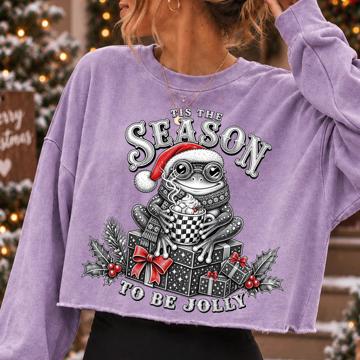 Retro Christmas frog PNG in Santa hat with mug and Tis the Season lettering - image 7