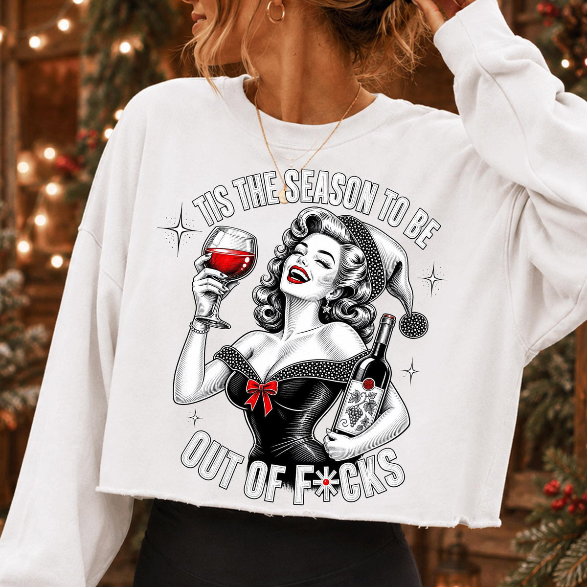 Tis the Season funny Christmas wine PNG with retro woman in Santa hat - image 3