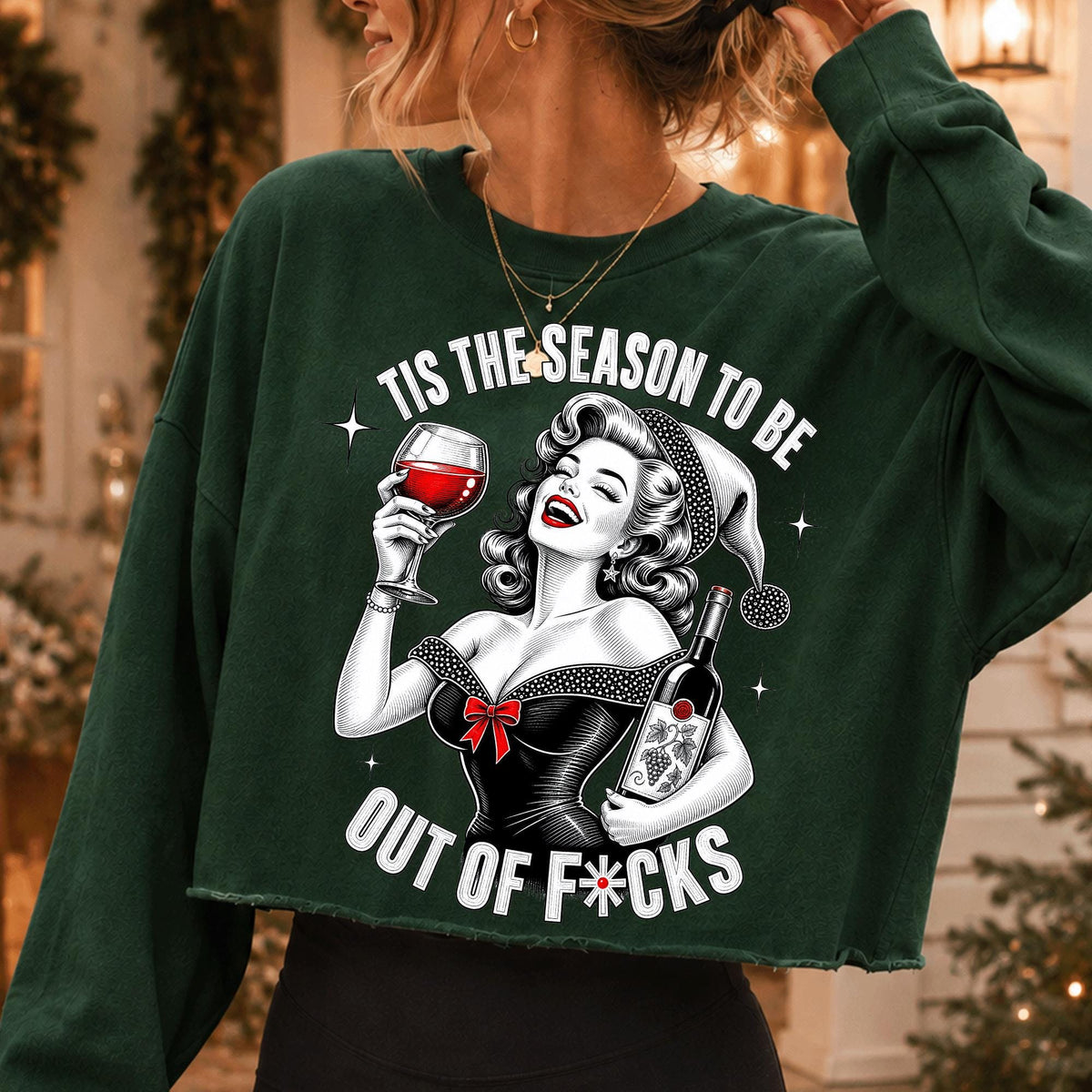 Tis the Season funny Christmas wine PNG with retro woman in Santa hat - image 4