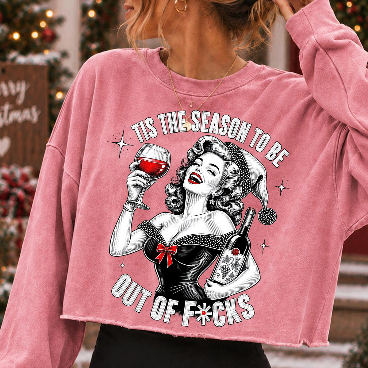 Tis the Season funny Christmas wine PNG with retro woman in Santa hat - image 7