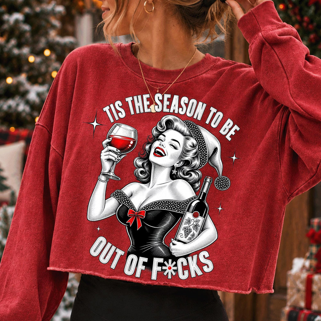 Tis the Season funny Christmas wine PNG with retro woman in Santa hat