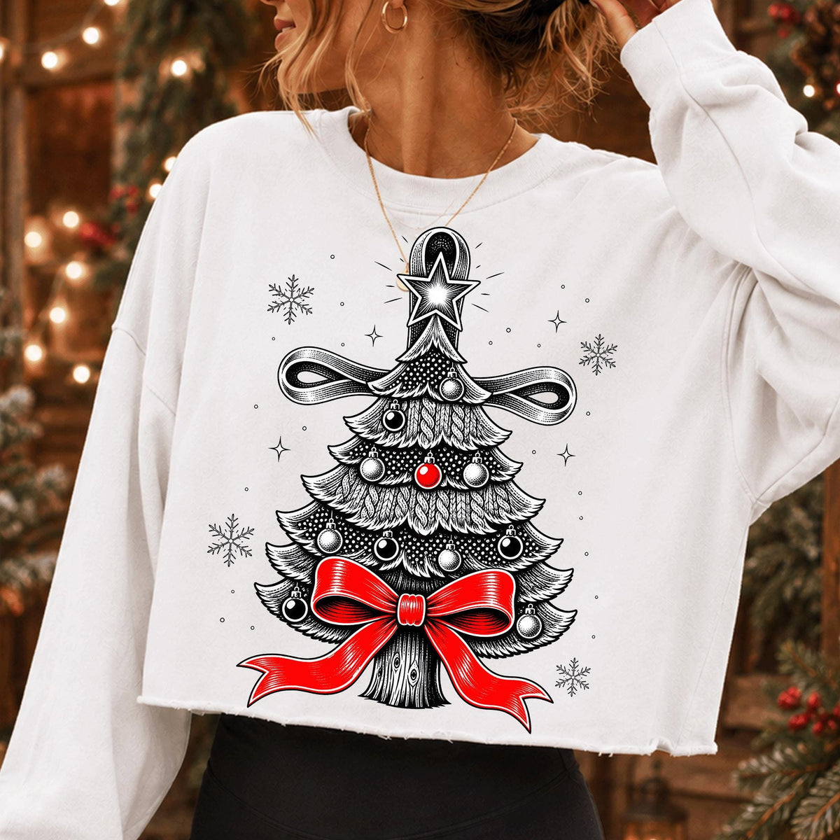Vintage Christmas tree PNG with red bow star topper and ornaments - image 2