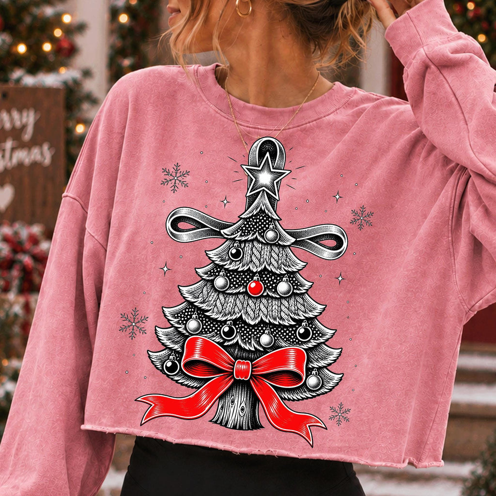 Vintage Christmas tree PNG with red bow star topper and ornaments - image 6