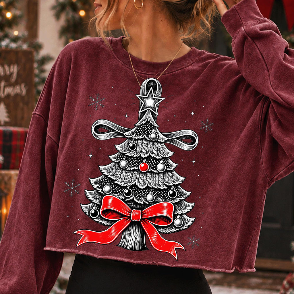 Vintage Christmas tree PNG with red bow star topper and ornaments - image 5
