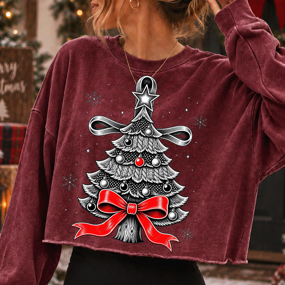 Vintage Christmas tree PNG with red bow star topper and ornaments - image 5