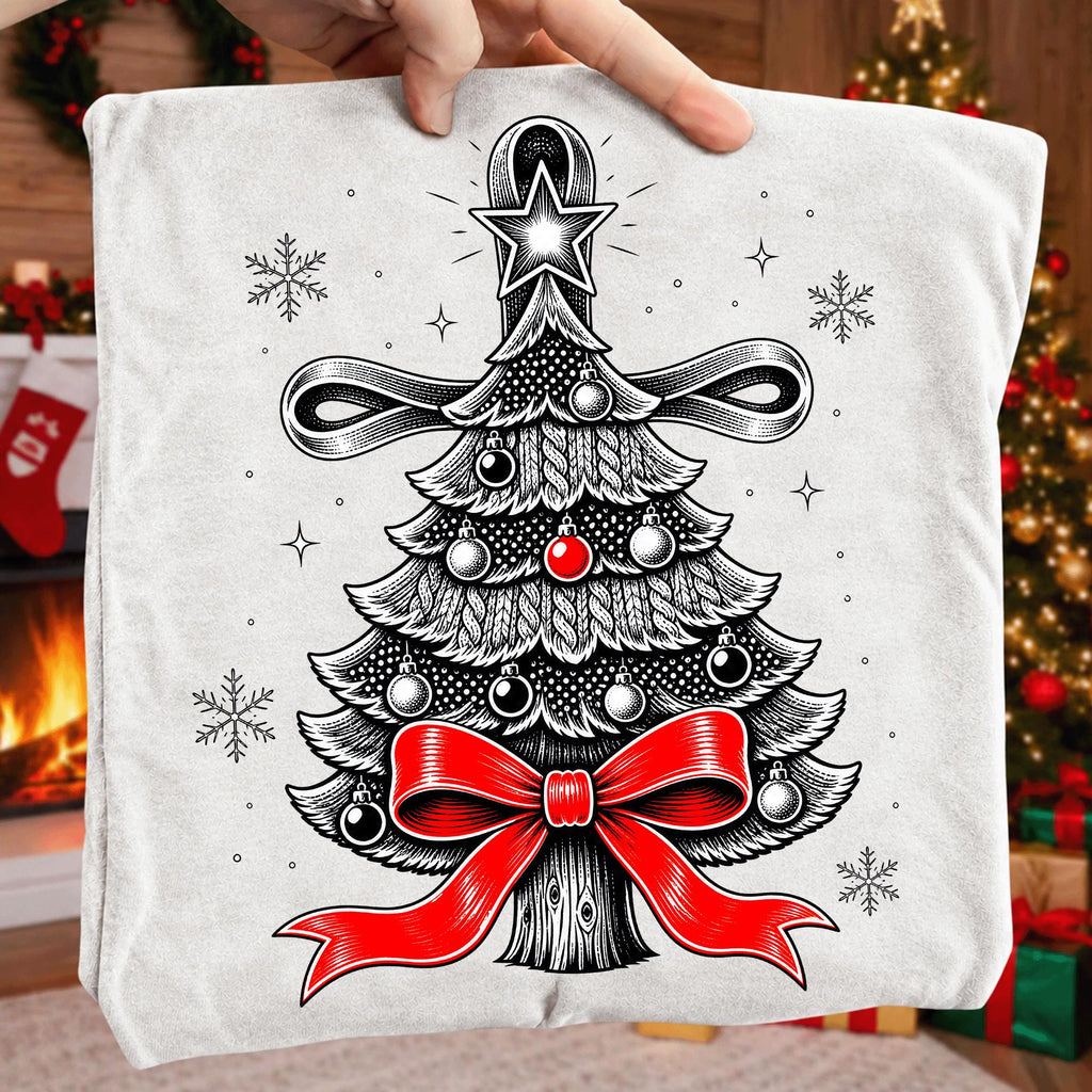 Vintage Christmas tree PNG with red bow star topper and ornaments - image 10