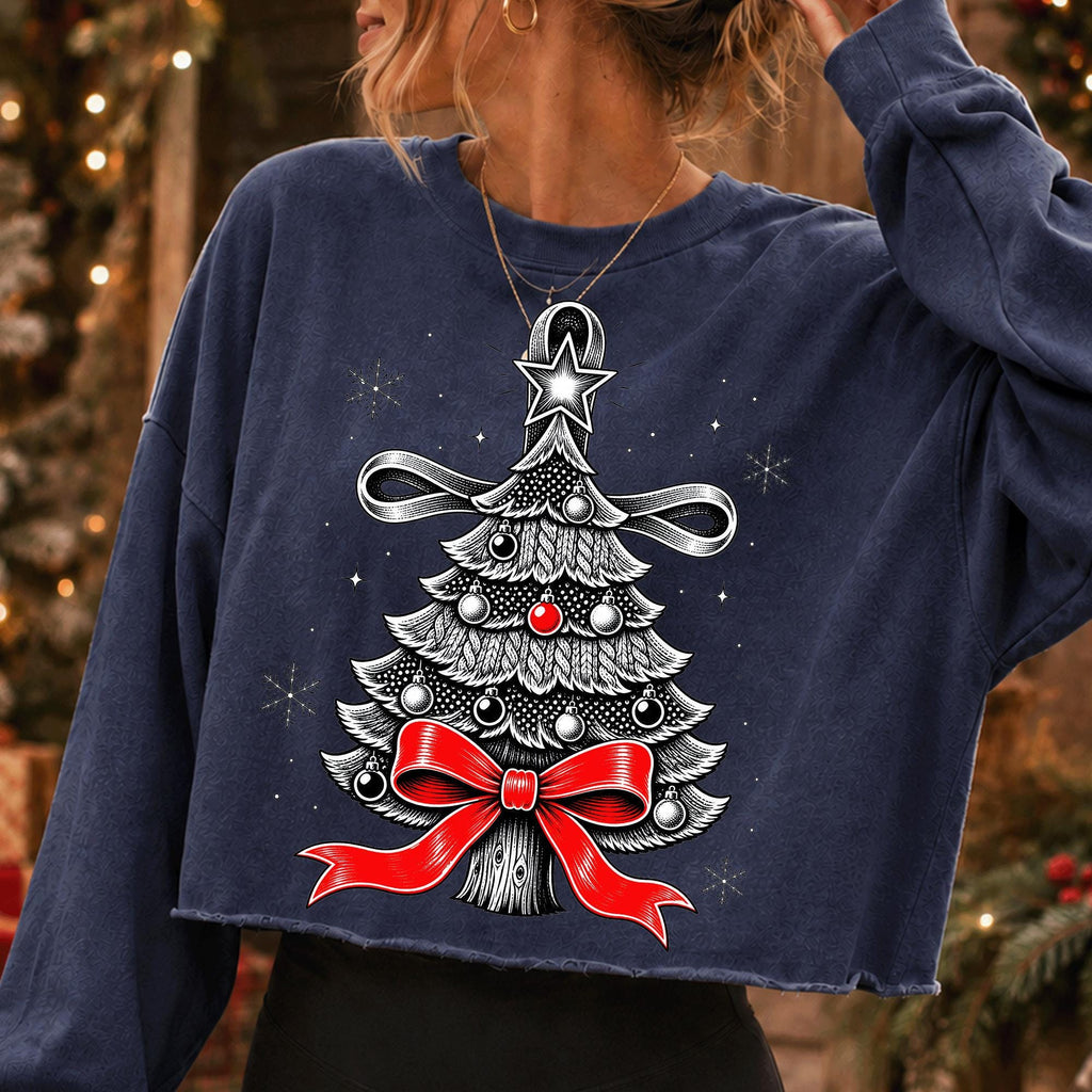 Vintage Christmas tree PNG with red bow star topper and ornaments