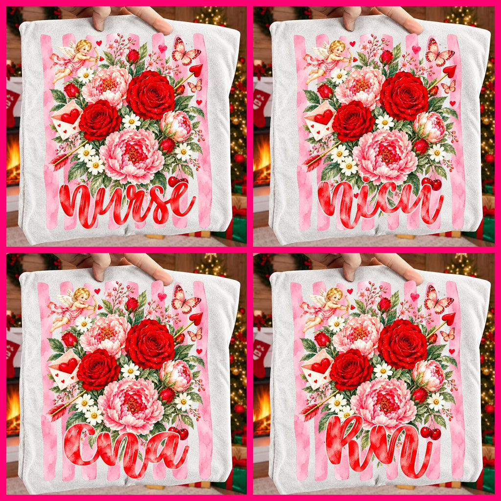 Valentine nurse PNG bundle with floral roses cupid and peonies four versions