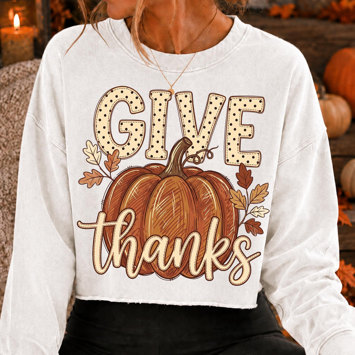 Give Thanks pumpkin fall leaves autumn PNG design - image 4