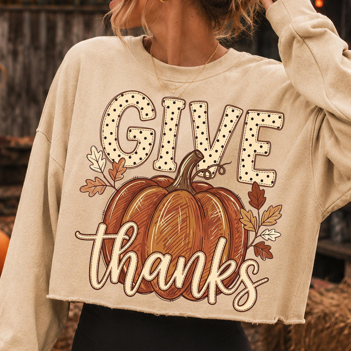 Give Thanks pumpkin fall leaves autumn PNG design for sublimation and DTF