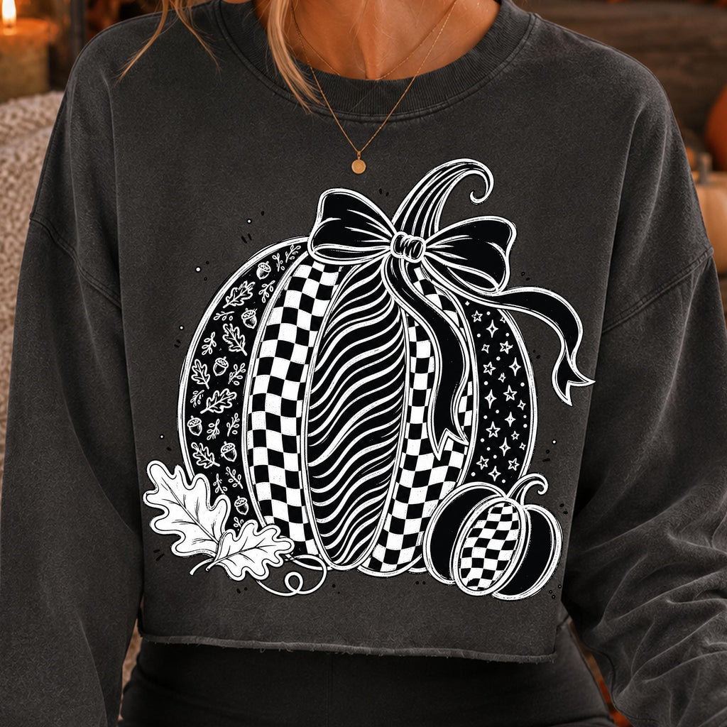 Coquette pumpkin PNG with oversized bow in black and white checkerboard style