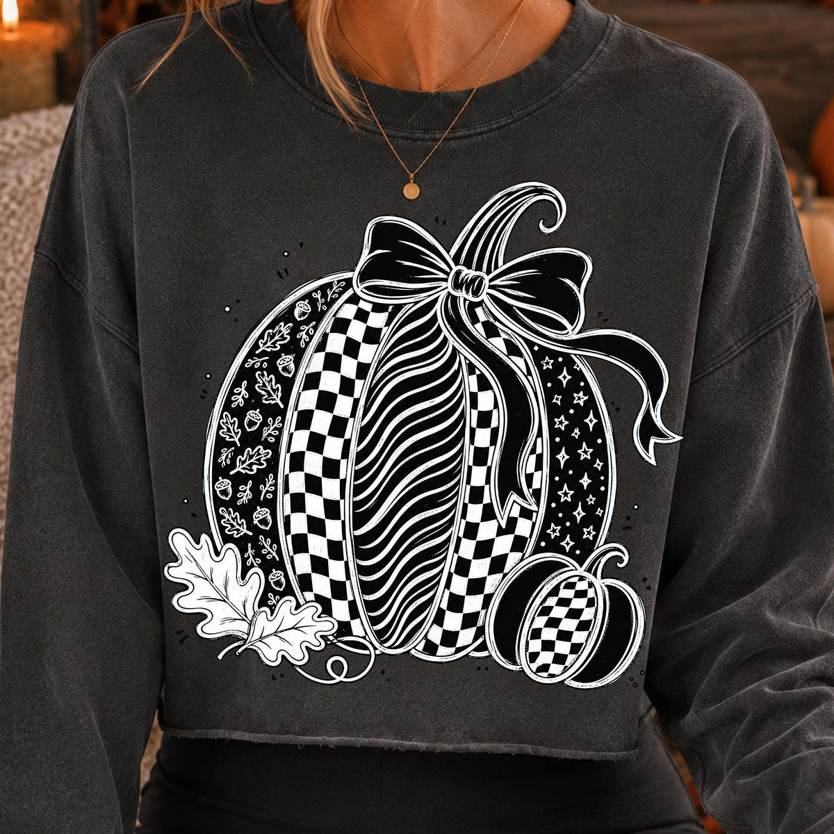 Coquette pumpkin PNG with oversized bow in black and white checkerboard style