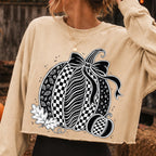 Coquette pumpkin PNG with oversized bow in black and white checkerboard style - image 2