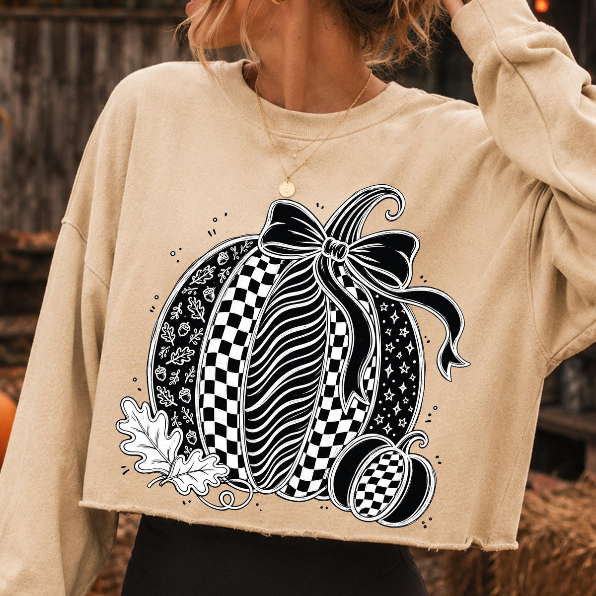 Coquette pumpkin PNG with oversized bow in black and white checkerboard style - image 2