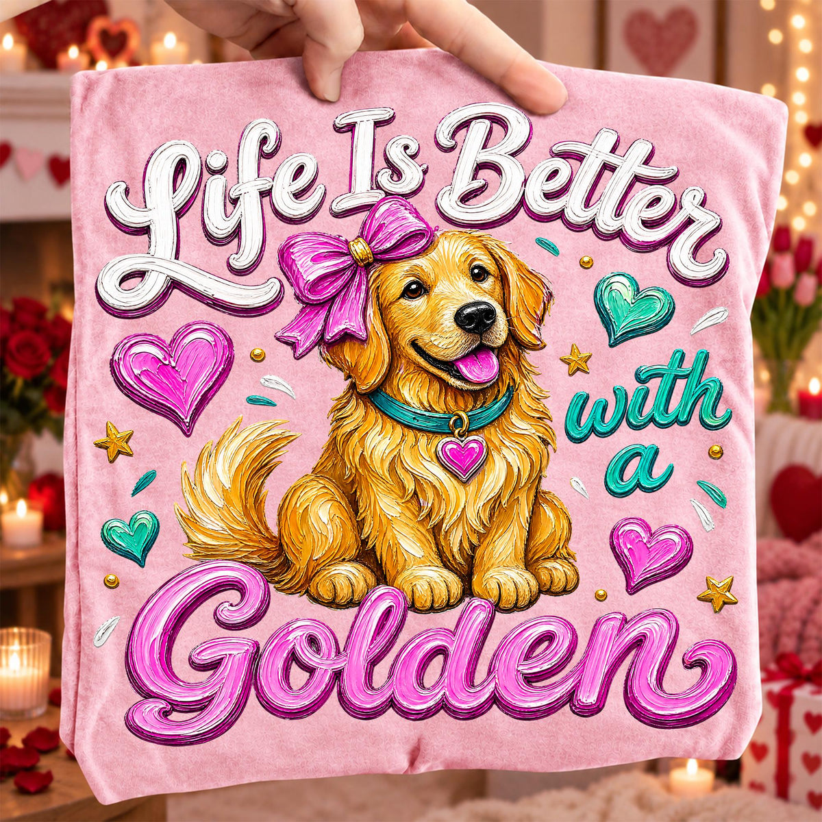 Golden retriever Valentine PNG with pink bow and hearts for sublimation and DTF - image 9