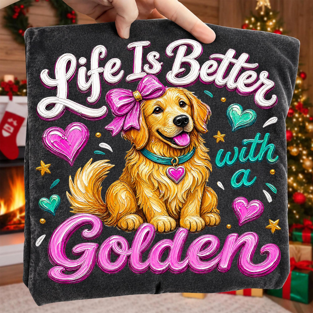 Golden retriever Valentine PNG with pink bow and hearts for sublimation and DTF - image 10