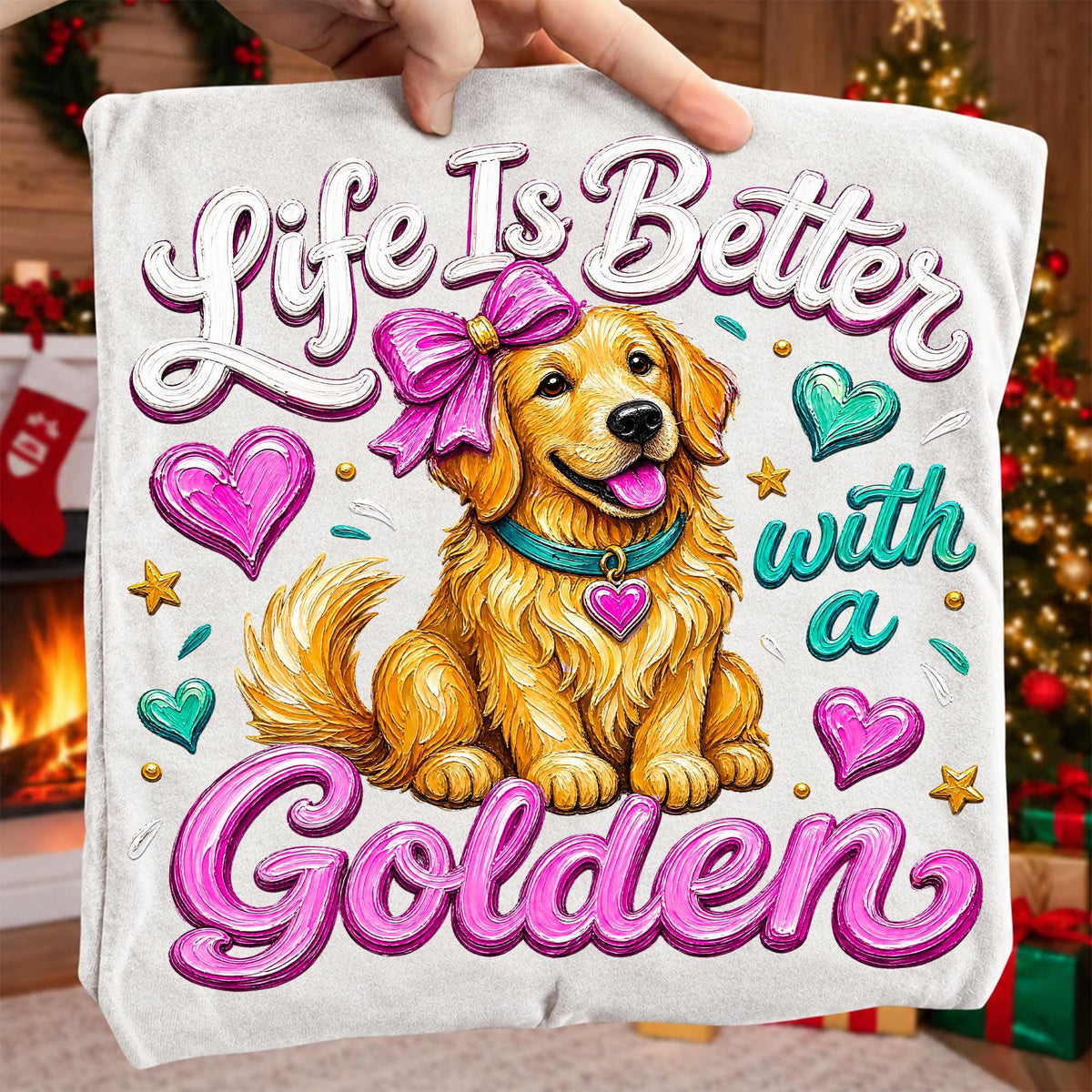 Golden retriever Valentine PNG with pink bow and hearts for sublimation and DTF - image 8