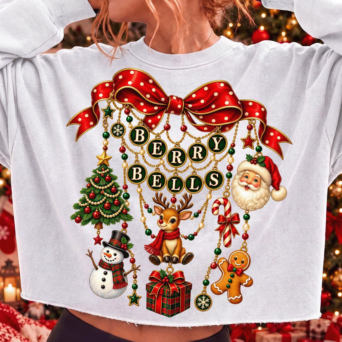 vintage coquette Christmas charm bow with berries and bells PNG design - image 4