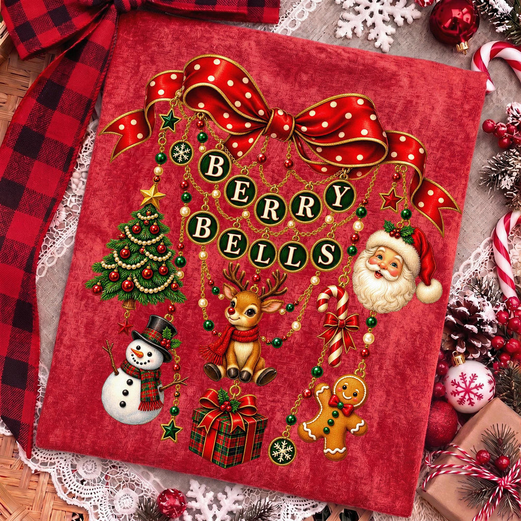vintage coquette Christmas charm bow with berries and bells PNG design - image 7